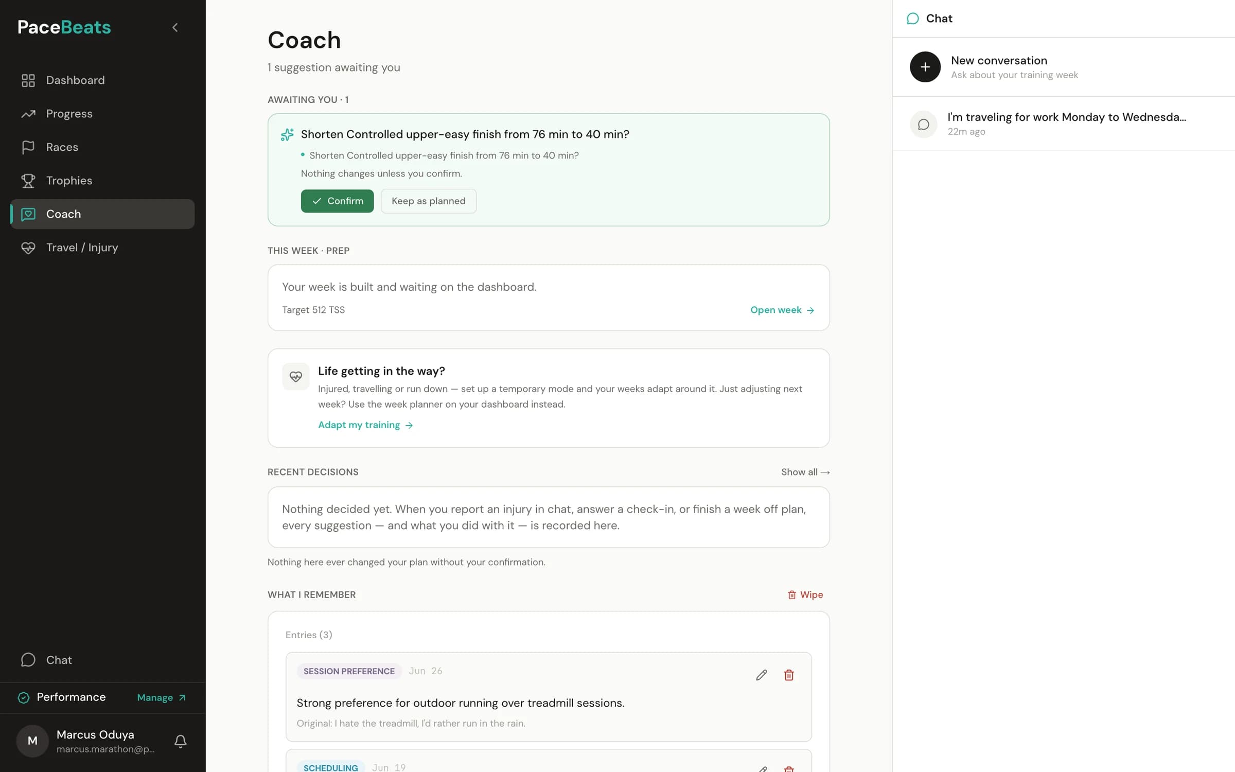 PaceBeats Coach page: after the athlete reported a work trip, a pending suggestion to shorten a session waits with Confirm and Keep-as-planned buttons, above remembered athlete facts