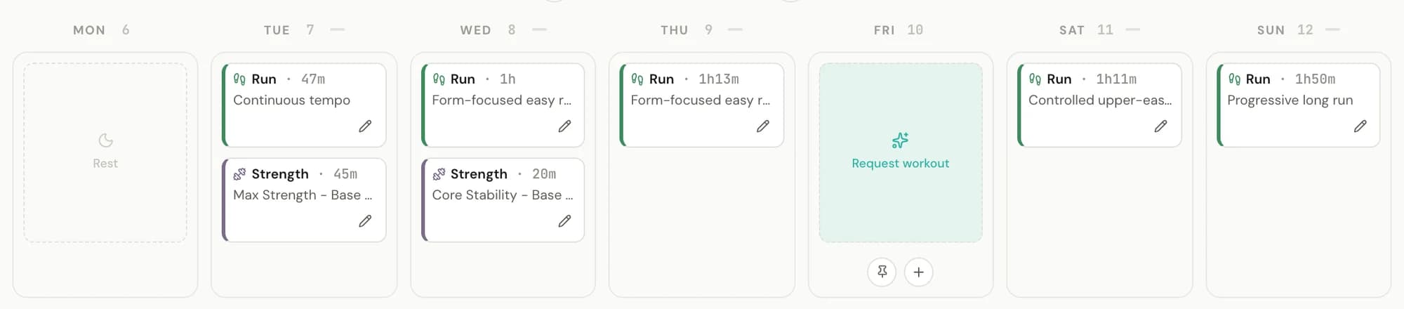A real marathon build week in PaceBeats — five runs plus strength, day by day