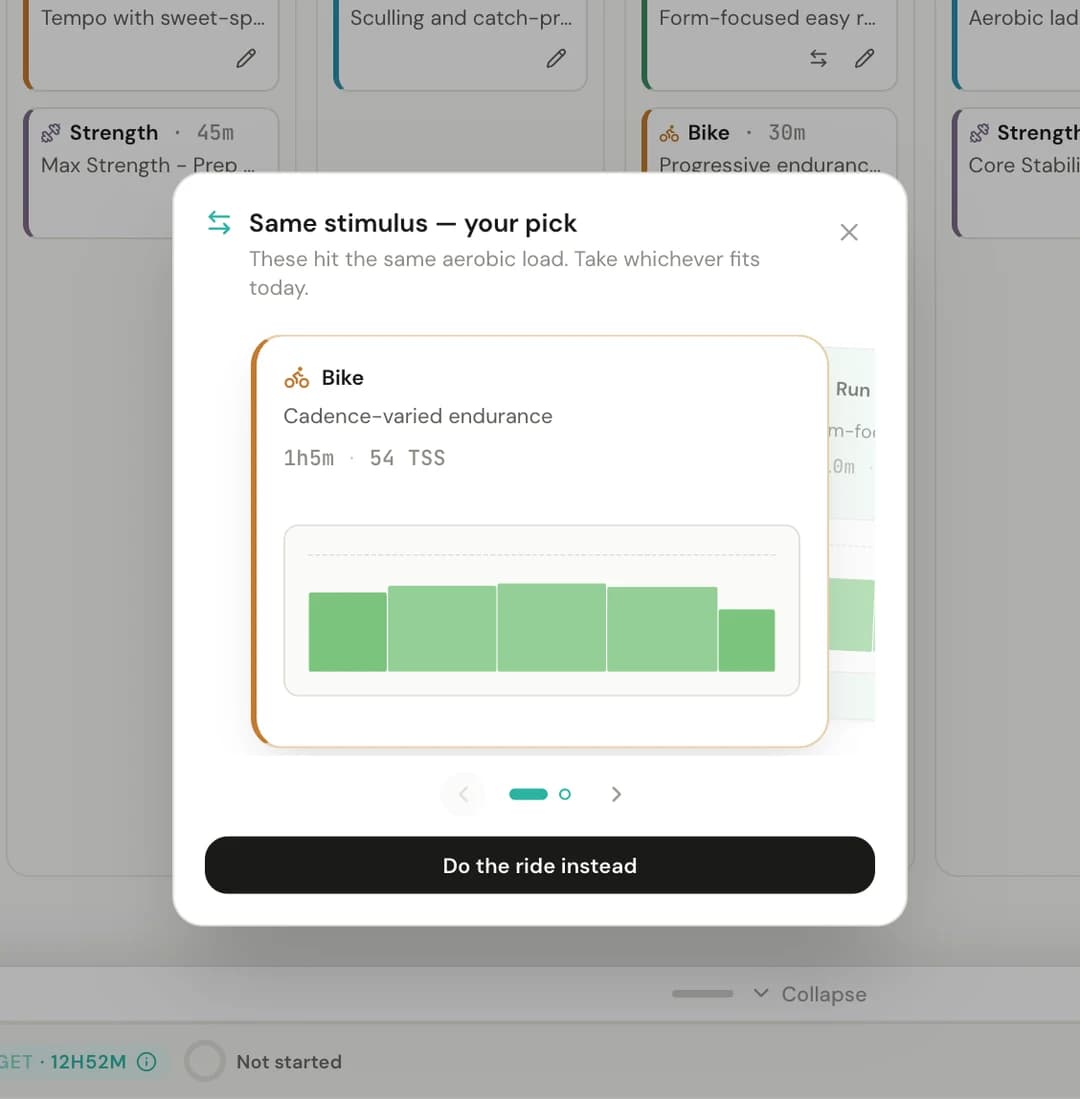 PaceBeats swap chooser: 'Same stimulus — your pick' offering an equivalent bike session in place of an easy run, with 'Do the ride instead'