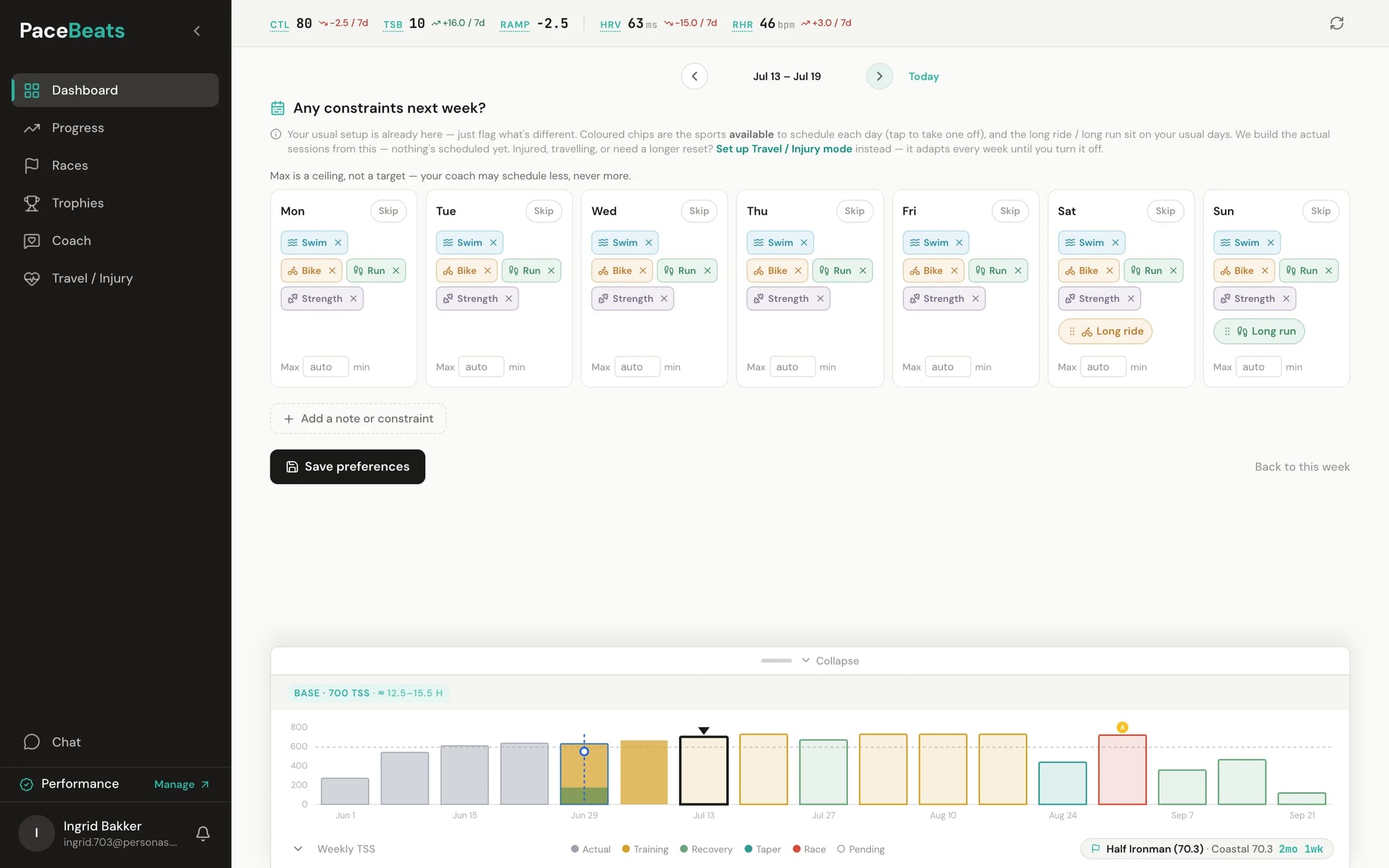 PaceBeats week planner asking 'Any constraints next week?' — per-day sport chips, skip buttons, max-minute ceilings and a draggable long-ride pill